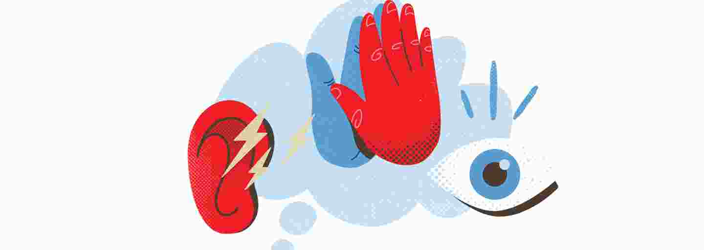 The image depicts symbols: a red hand, a red ear, an eye, two hands together
