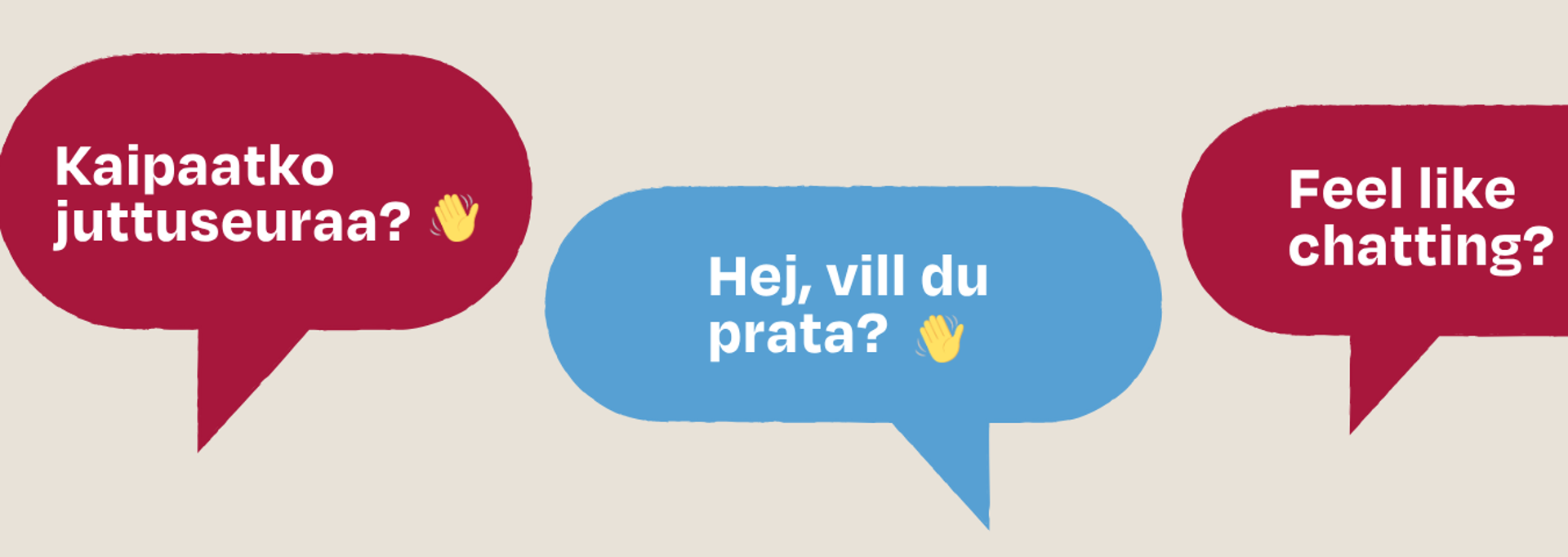 Illustration of chat bubbles with text "Feel like chatting?" in Finnish, Swedish and English.