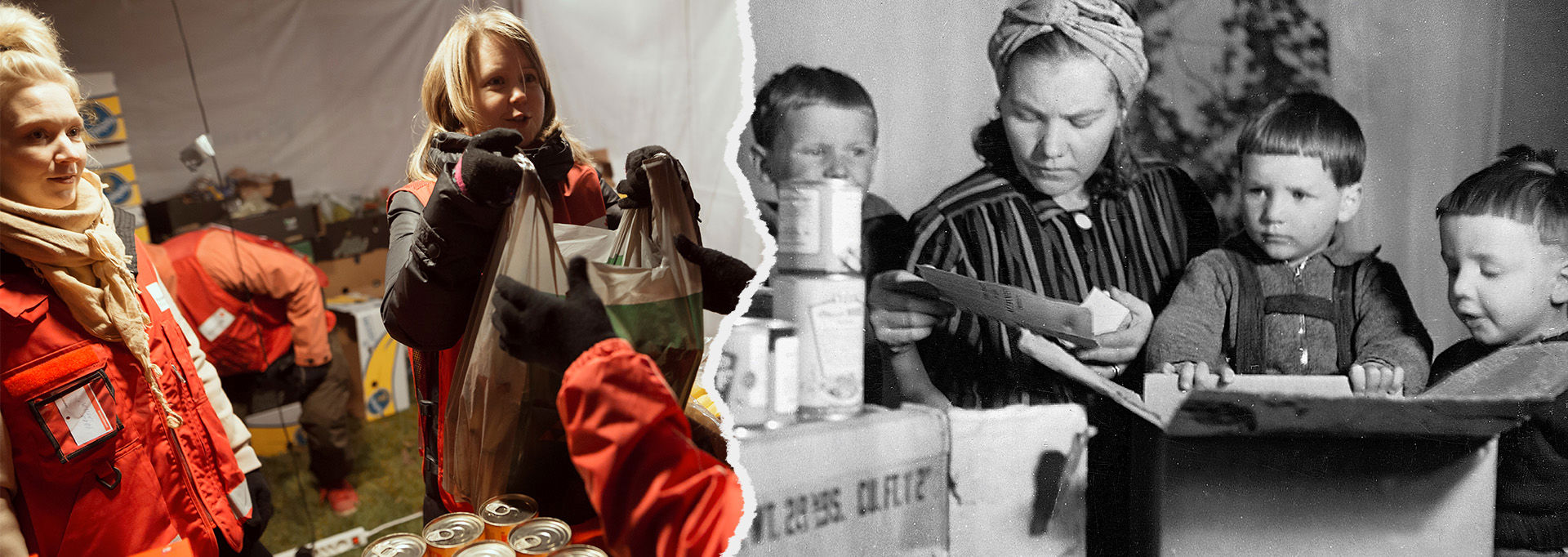 Modern and historical relief: Red Cross volunteers distribute food today, echoing past humanitarian aid efforts.