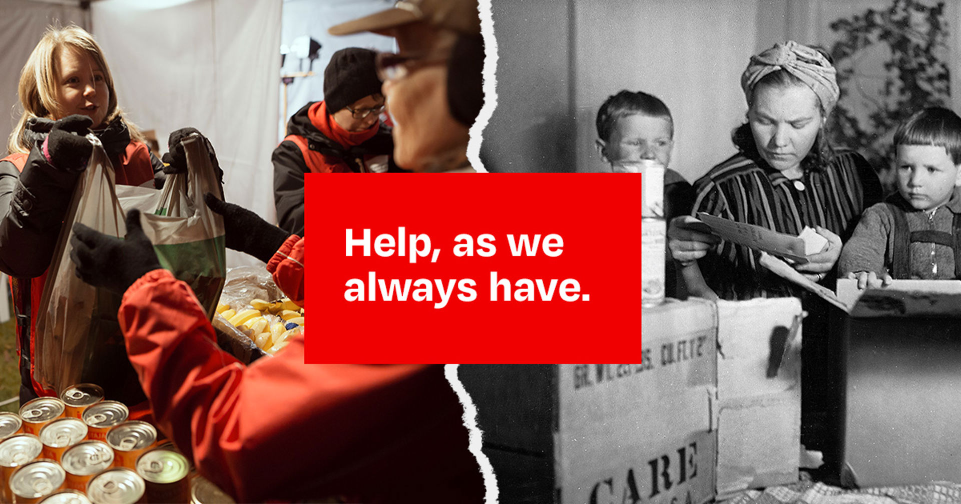 The image is split in two. On the left, a color photo of a Red Cross food distribution. On the right, a black-and-white photo showing two children indoors. The text on the image reads: Help, as we have always helped.