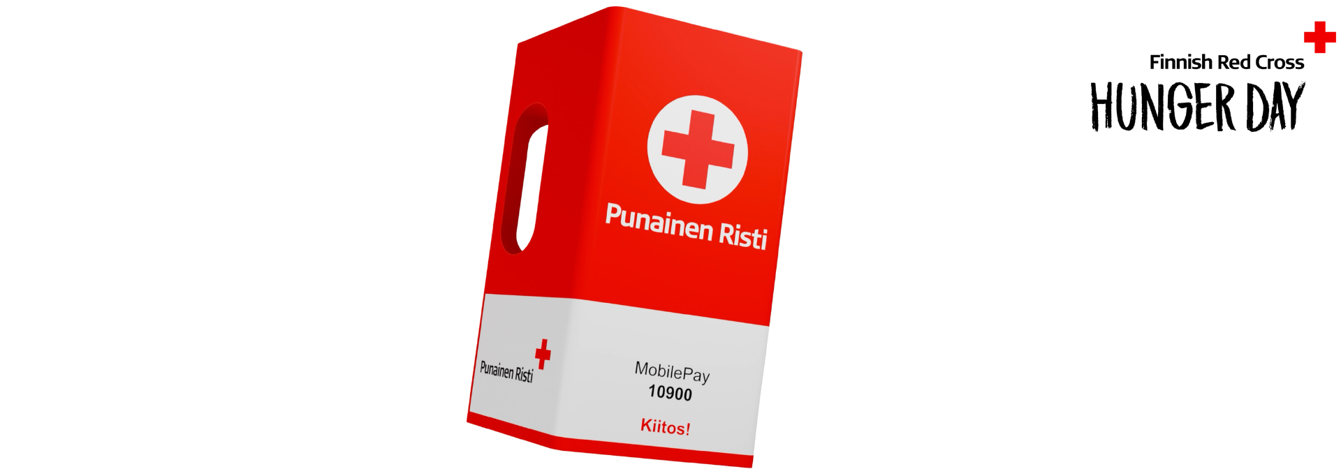 Red Cross collection box. On the side of the collection box is the MobilePay donation number 10900. By using this number 10900, you can donate to the Finnish Red Cross Disaster Relief Fund via MobilePay.