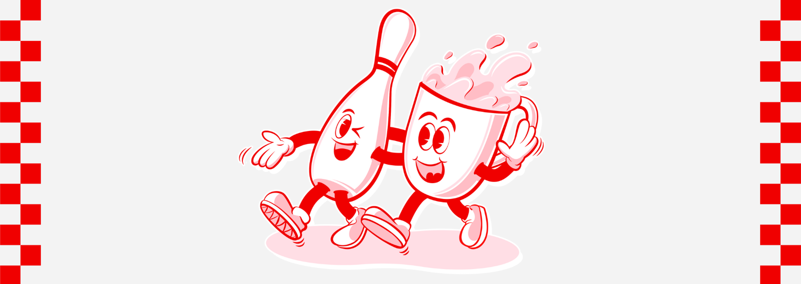 A cartoon bowling pin and a mug walk happily side by side, holding hands.