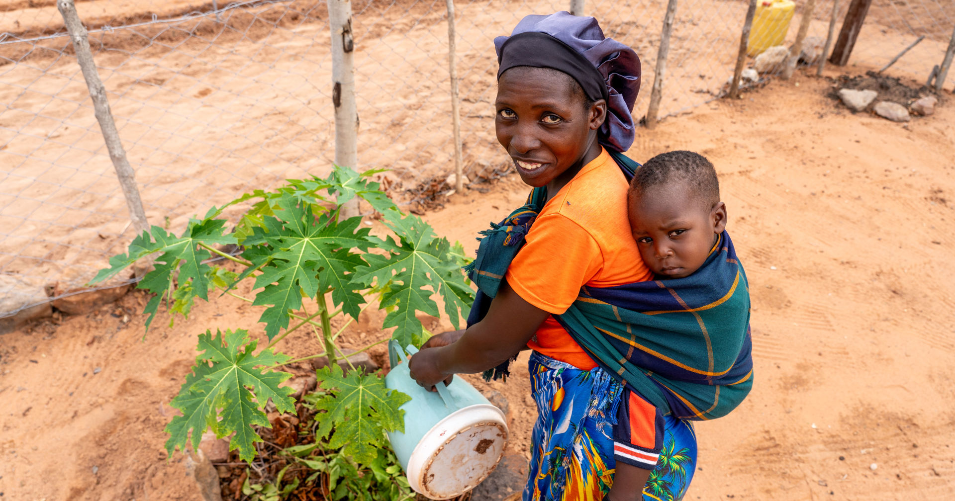 A woman is watering a plant in the garden, carrying her child in a sling on her back.