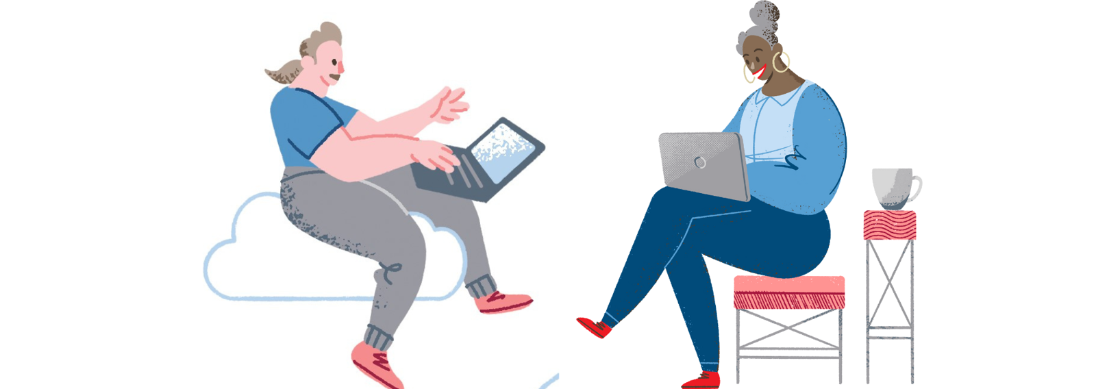 In the illustration, two people are sitting with laptops on their laps. The people are not in the same location.