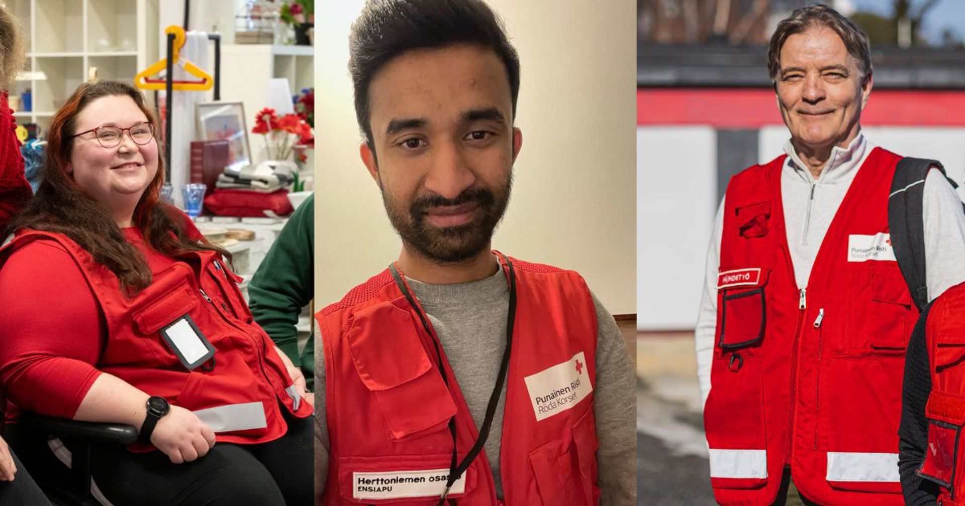 Three Finnish Red Cross volunteers are featured side by side. On the left, a smiling woman with long brown hair and red glasses wears a red vest and sits indoors. In the center, a young man with short dark hair and a beard wears a red vest labeled "Herttoniemen osasto" and poses against a neutral background. On the right, an older man with grey hair smiles outdoors, wearing a red Red Cross vest over a light zip-up sweater.
