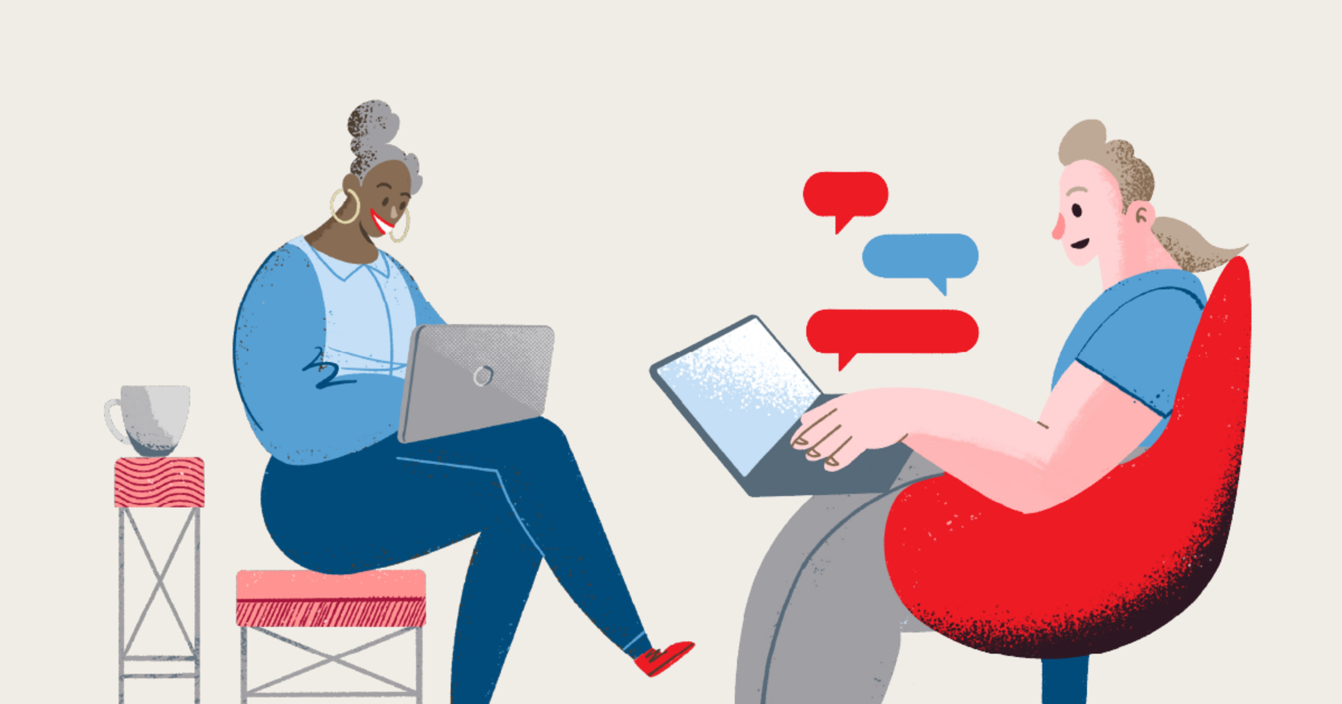 Illustration of two smiling people sitting with a laptop on their lap.