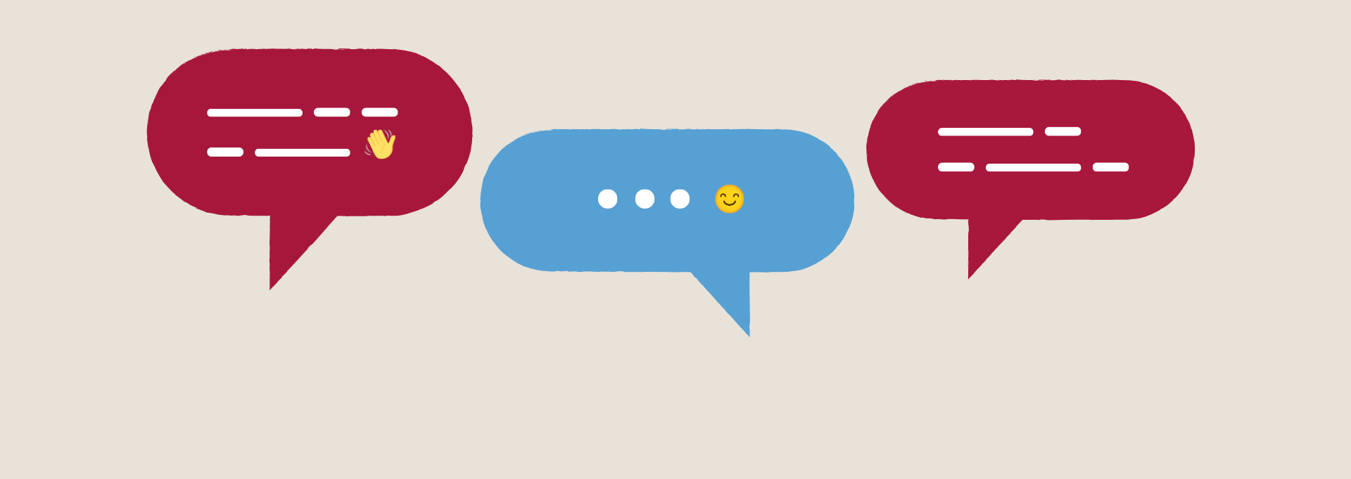 Illustration of chat bubbles with text "Feel like chatting?" in Finnish, Swedish and English.