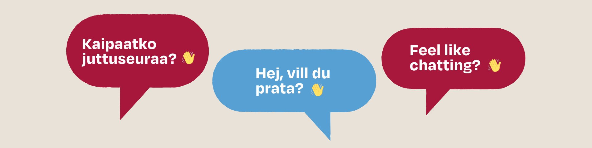 Illustration of chat bubbles with text "Feel like chatting?" in Finnish, Swedish and English.