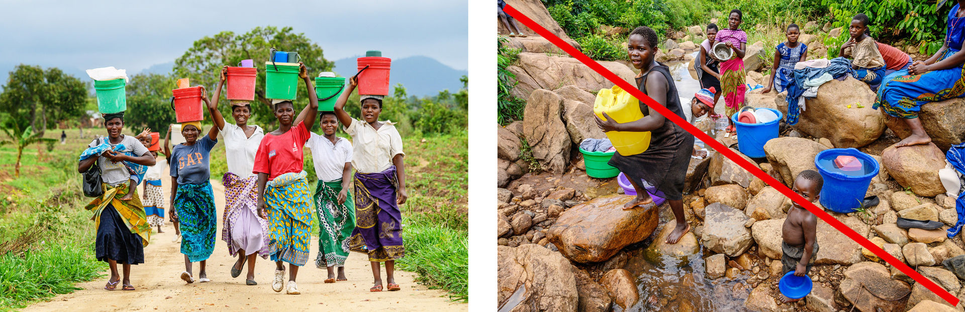 In the first picture, a group of women are smiling as they carry buckets on their heads in an African landscape. In the second picture, they are filling their buckets in a stream.