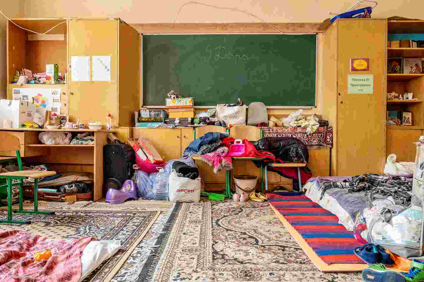 A classroom with piles of clothes and other supplies.