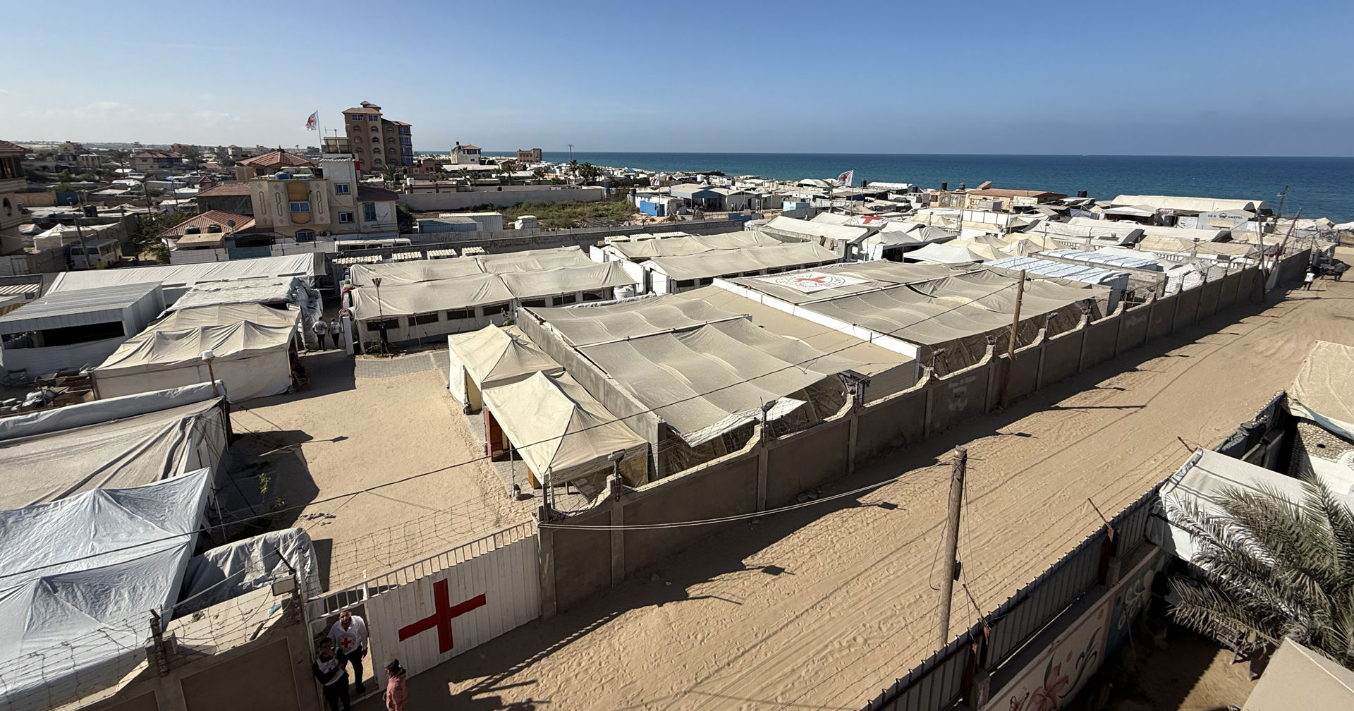 Red Cross field hospital in Gaza seen from above.
