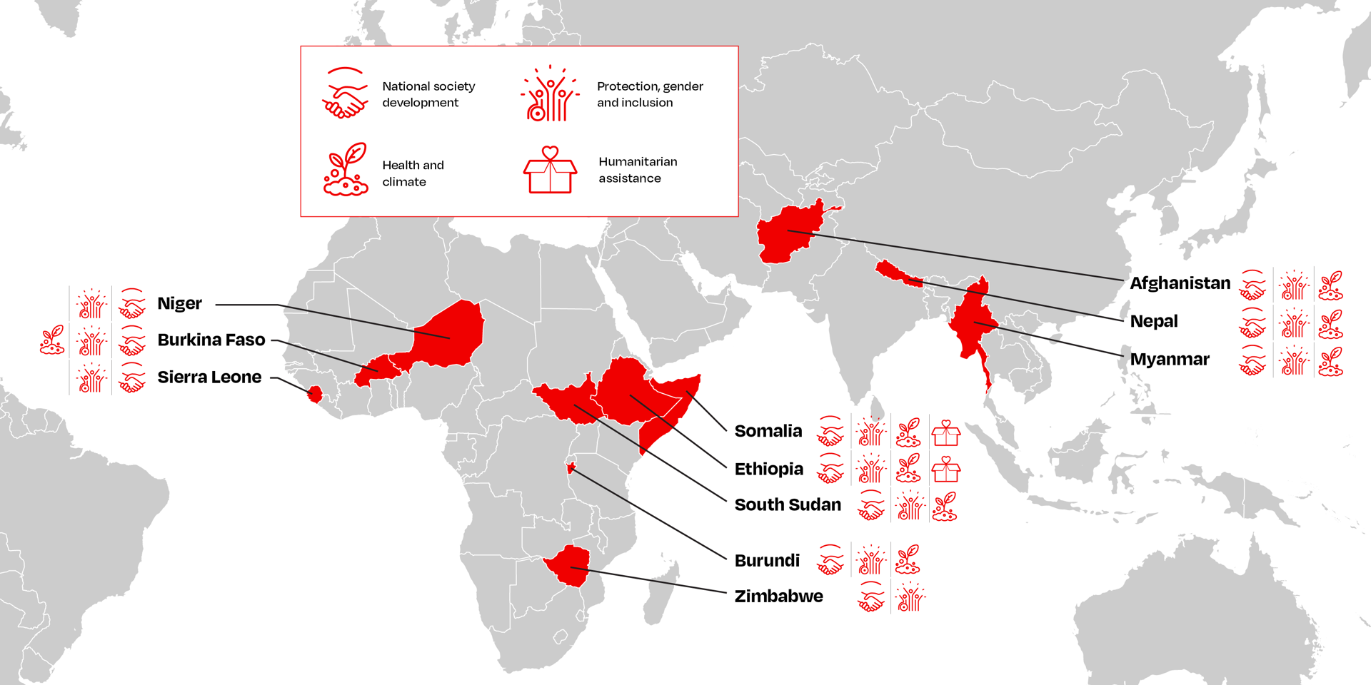 A map illustrating the Finnish Red Cross' development cooperation and bilateral humanitarian aid funded by the Ministry For Foreign Affairs of Finland