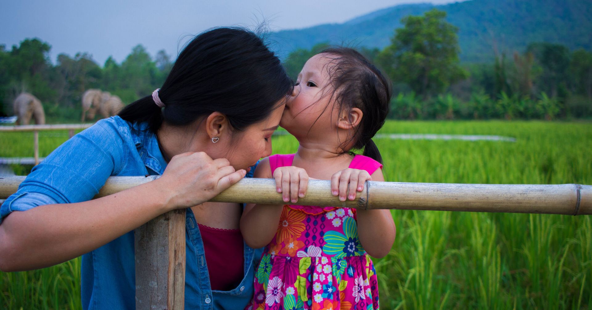 A little girl gives her mother a kiss as they lean against a fence outside.
